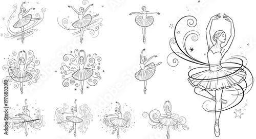 Elegant Ballerina Dancer with Swirling Motion, Ballet Dance Illustration with Artistic Swirls and Stars in Black and White