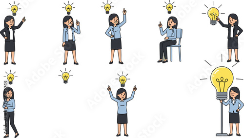 Businesswoman Having Bright Ideas, Lightbulb Moments and Creative Thinking Vector Illustration for Innovation, Inspiration, and Problem-Solving Designs