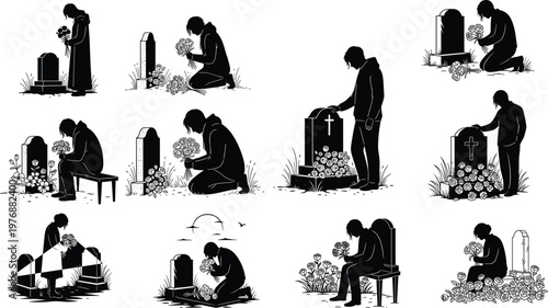 Mourning and Remembrance, Grieving Individuals with Flowers at Cemetery, Black and White Vector Illustration for Funeral, Memorial, and Sympathy Designs