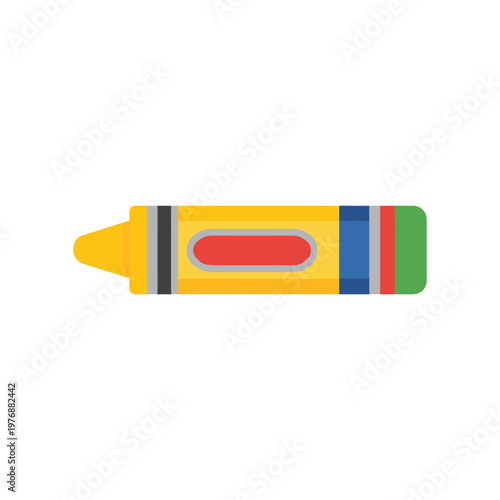 Flat illustration of yellow crayon with multicolored accents used for drawing and creative projects in classrooms or art studios including blue red and green stripes on white background for design.