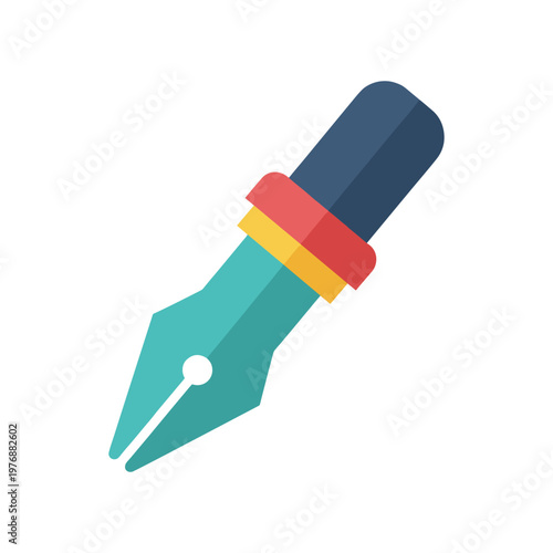 Traditional calligraphy pen nib icon with turquoise handle and red collar detail for artistic handwriting ink drawings and formal document signatures suitable for creative studio branding designs.