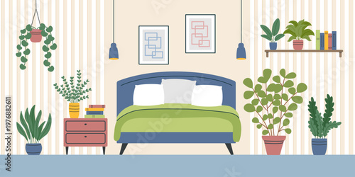 Bedroom interior background4. Concept of relax, sleeping, interiors, home. Vector hand drawn banner in flat style.