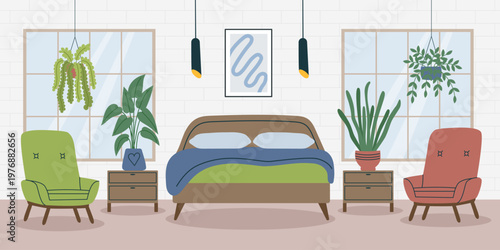 Bedroom interior background5. Concept of relax, sleeping, interiors, home. Vector hand drawn banner in flat style.