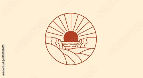 Sun rises over vast landscape with cliff and sunburst design element