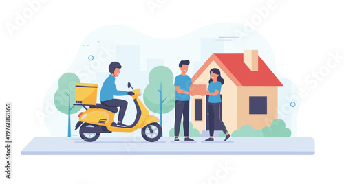 A last mile delivery service showing a courier shipping a package to a home customer