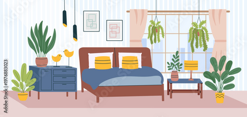 Bedroom interior background6. Concept of relax, sleeping, interiors, home. Vector hand drawn banner in flat style.