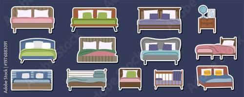 Collection of beds stickers isolated on dark background2. Vector flat furniture cliparts. Concepts of home, interiors, bedroom, sleep.