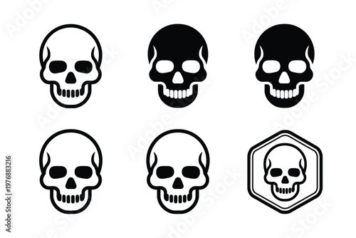 A collection of black and white skull icons on a plain background