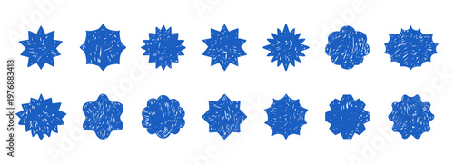 Starburst labels, blue price tags crayon scribble texture, discount badge set. Sale circle sticker. Wavy, scallop edge promo blank. 