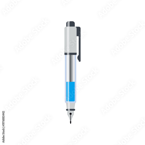 Fountain pen vector illustration for writing equipment collection isolated on white background as flat icon for office stationery and school supplies with blue ink cartridge and metallic nib style.