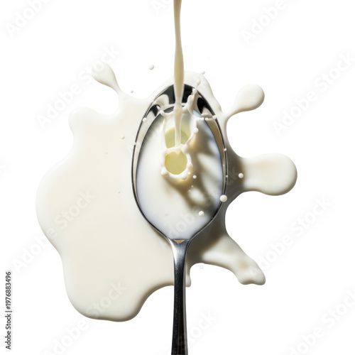 A reflective metal tablespoon with creamy white milk spilling in droplets and splashes on a transparent background with copy space. Concept for dairy product advertising