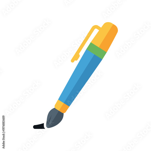 Calligraphy brush pen vector illustration with blue body and yellow cap isolated on white background as creative tool icon for artistic lettering and traditional painting for hobbyist and artist.