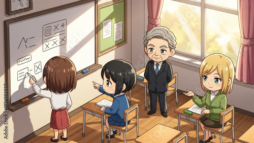 Anime Style Classroom Scene with Students and Teacher
