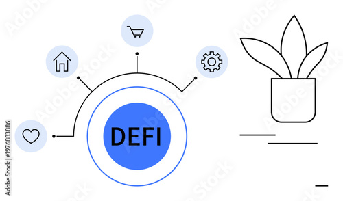 Decentralized finance, fintech solutions, blockchain, investment, modern economy, digital money. Network with icons of a house, shopping cart and cogwheel. Decentralized finance and fintech