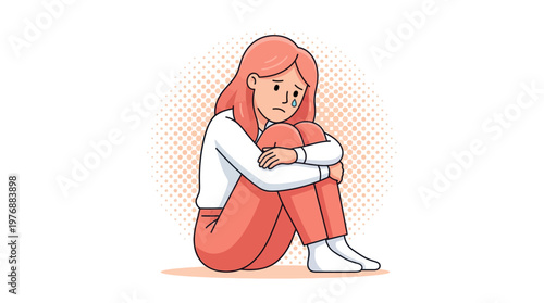 Sad Woman Sitting and Crying Illustration, Depressed Girl Hugging Knees for Mental Health Awareness
