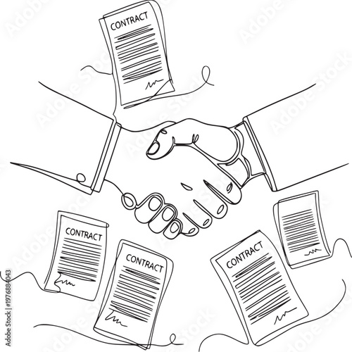 hand drawn business contracts with handcuffs symbolizing legal binding agreements and obligations