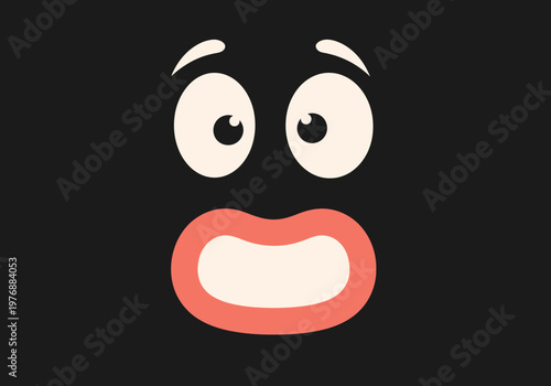 Minimalist Cartoon Shocked Face with Big Eyes and Open Mouth on Black Background - Surprised Emoji Vector Illustration