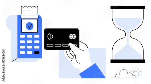 Digital payments, financial technology, time management, cashless transactions, ecommerce, banking. Hand holding a credit card near a terminal with icons of a receipt and hourglass. Digital payments