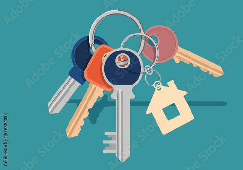 House Keys on Metal Keyring with Home Shaped Keychain Flat Vector Illustration for Real Estate Property and New Home Ownership Concept