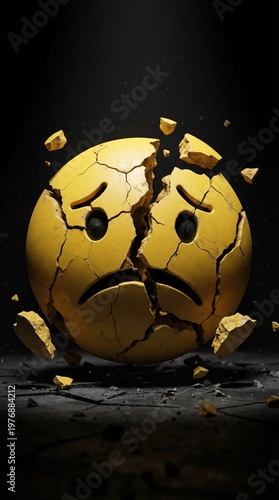 Broken Sad Emoji Face Cracking Apart on Dark Background