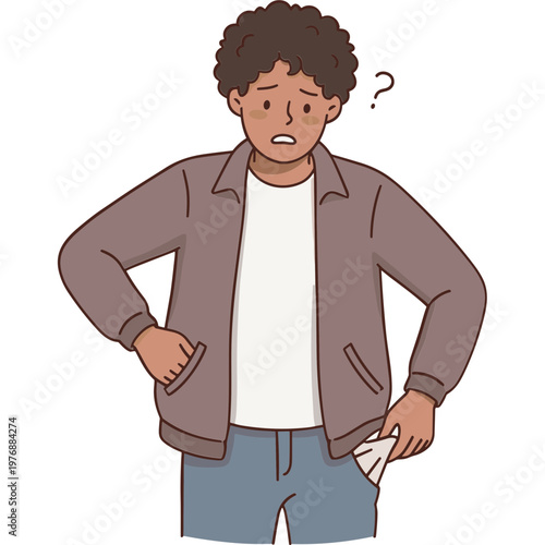 A cartoon man with curly hair looks puzzled standing confused