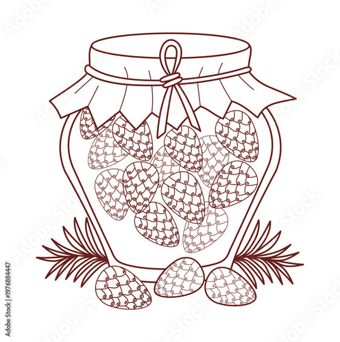 Outline Pine Cone Jam In Glass Jar. Mugolio Syrup With Caramelized Cones And Paper Cover. Homemade Traditional Forest Medicine Coniferous Dessert. Line drawing, coloring page. Vector Illustration.