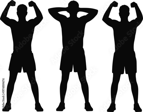 Athletic man flexing muscles and stretching silhouette set, black vector illustration for fitness gym and bodybuilding