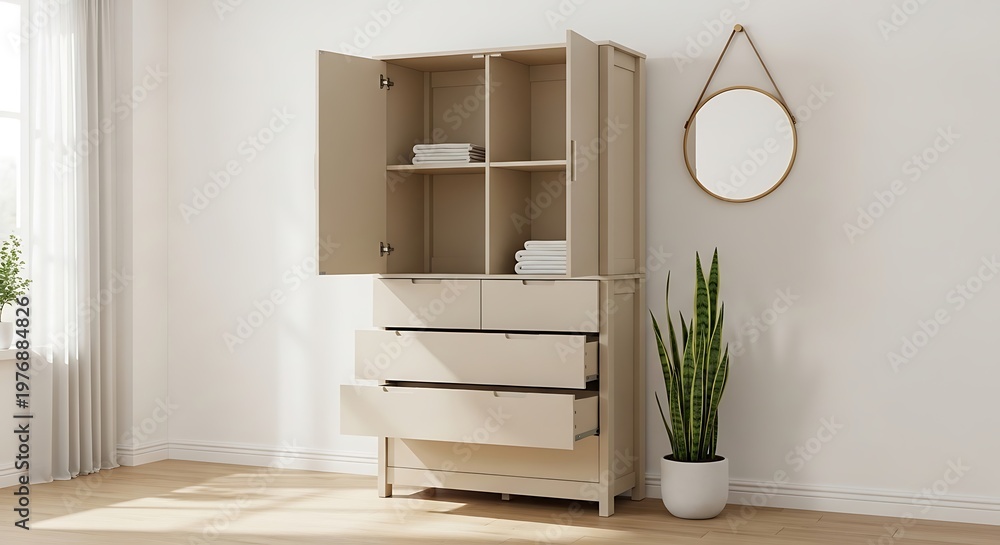 Fototapeta premium Neutral toned wooden cabinet with open doors and drawers near mirror and plant