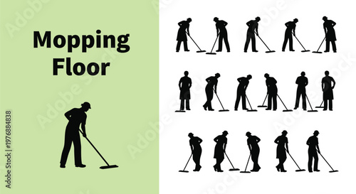 Detailed vector illustration set featuring various silhouettes of professional cleaners mopping floors for commercial or residential maintenance tasks