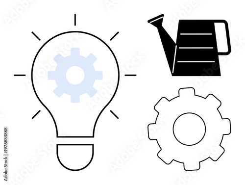 Innovation, creativity, growth, nurturing ideas, teamwork, technology. Light bulb with gear inside, watering can and gear icons. Innovation and creativity concept for growth and teamwork ideas