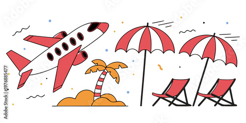 A vector illustration of a summer beach vacation featuring a sunny sky over the tropical ocean with a parasol and chair on the sand for a relaxing nature holiday after camping in the mountains.
