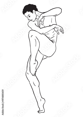 Hand-drawn vector illustration using black ink depicting a cartoon-style sketch of a young man and a boy dancing.