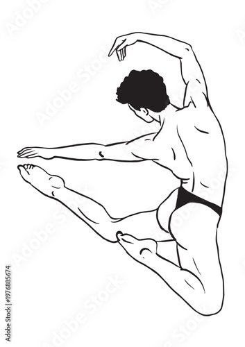 Hand-drawn vector illustration using black ink depicting a cartoon-style sketch of a young man and a boy jumping and dancing.