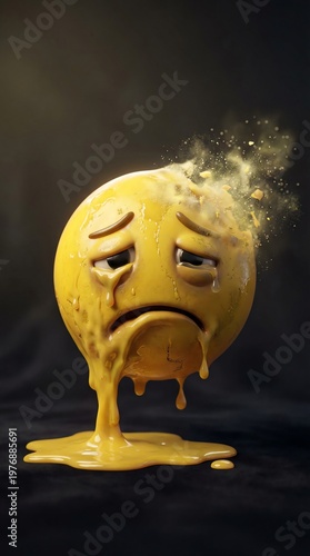Melting Sad Emoji Face Crumbling and Dissolving on Dark Background