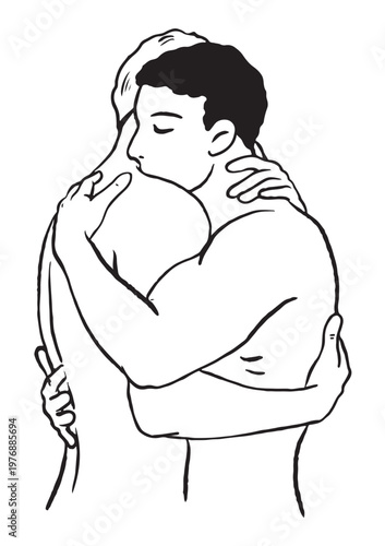 Hand-drawn vector illustration using black ink, depicting a cartoon-style sketch of a young man and a boy embracing each other affectionately.