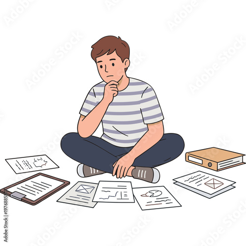 Man sitting on floor surrounded by papers and documents thinking deeply