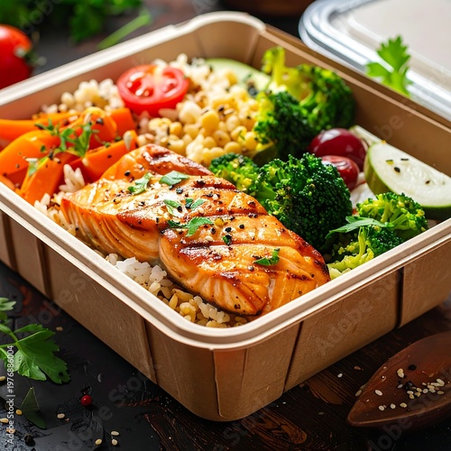 A takeout container filled with grilled salmon, rice, and steamed vegetables