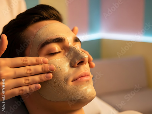 Man receiving facial treatment with applied mask and professional massage
