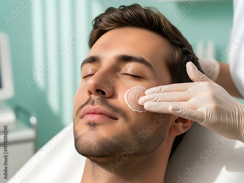 Man receiving facial treatment with cream in medical spa setting