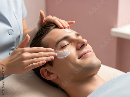 Man receiving facial treatment with cream applied by professional hands