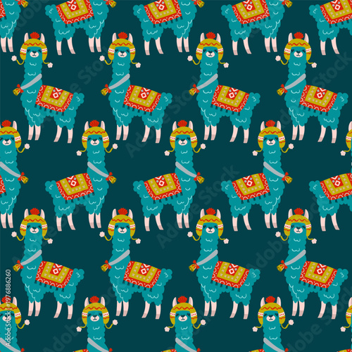 Cute Lamas Standing Vector Seamless Pattern