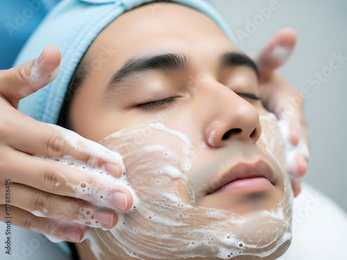 Man receiving facial treatment with foamy cleanser and gentle massage