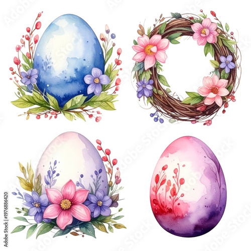 A vibrant spring celebration, highlighted by Easter eggs painted on a white background.