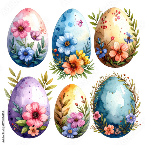 A vibrant spring celebration, highlighted by Easter eggs painted on a white background.