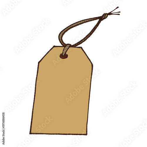 Cute hand-drawn kraft paper hang tag illustration with string, blank label clipart for gift wrapping on white background