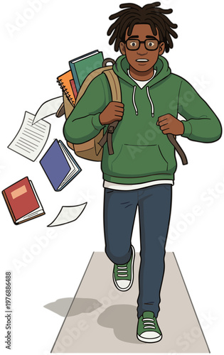 A young boy runs down a hallway with a backpack while books and papers fly out.