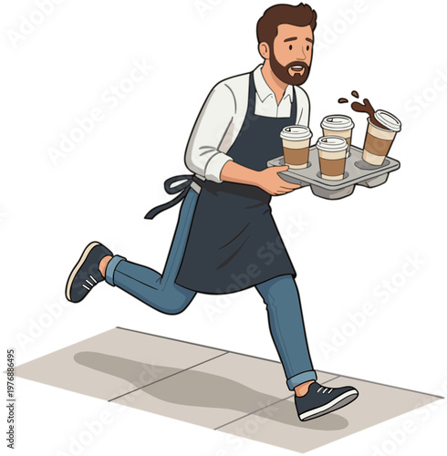 A waiter runs quickly carrying a tray of coffee cups to a table.