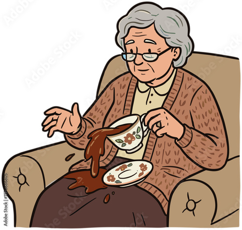 Elderly woman accidentally spills coffee from cup while sitting on sofa indoors