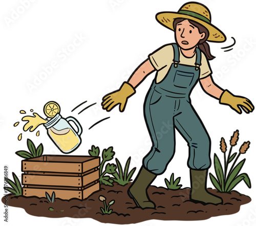 Woman wearing overalls accidentally sprays bee with pesticide from bottle in garden