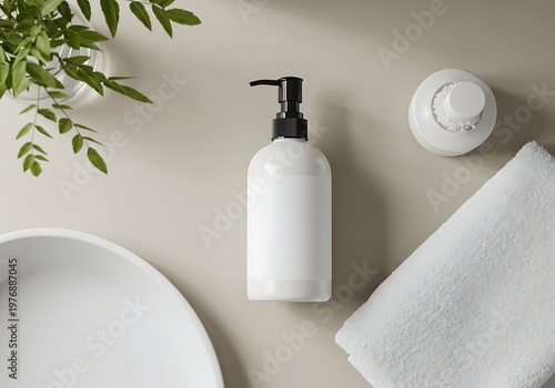 Minimalist bathroom product presentation with soap dispenser towel and greenery